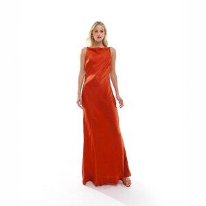Tall satin square neck maxi dress with cowl back detail in rust-Multi